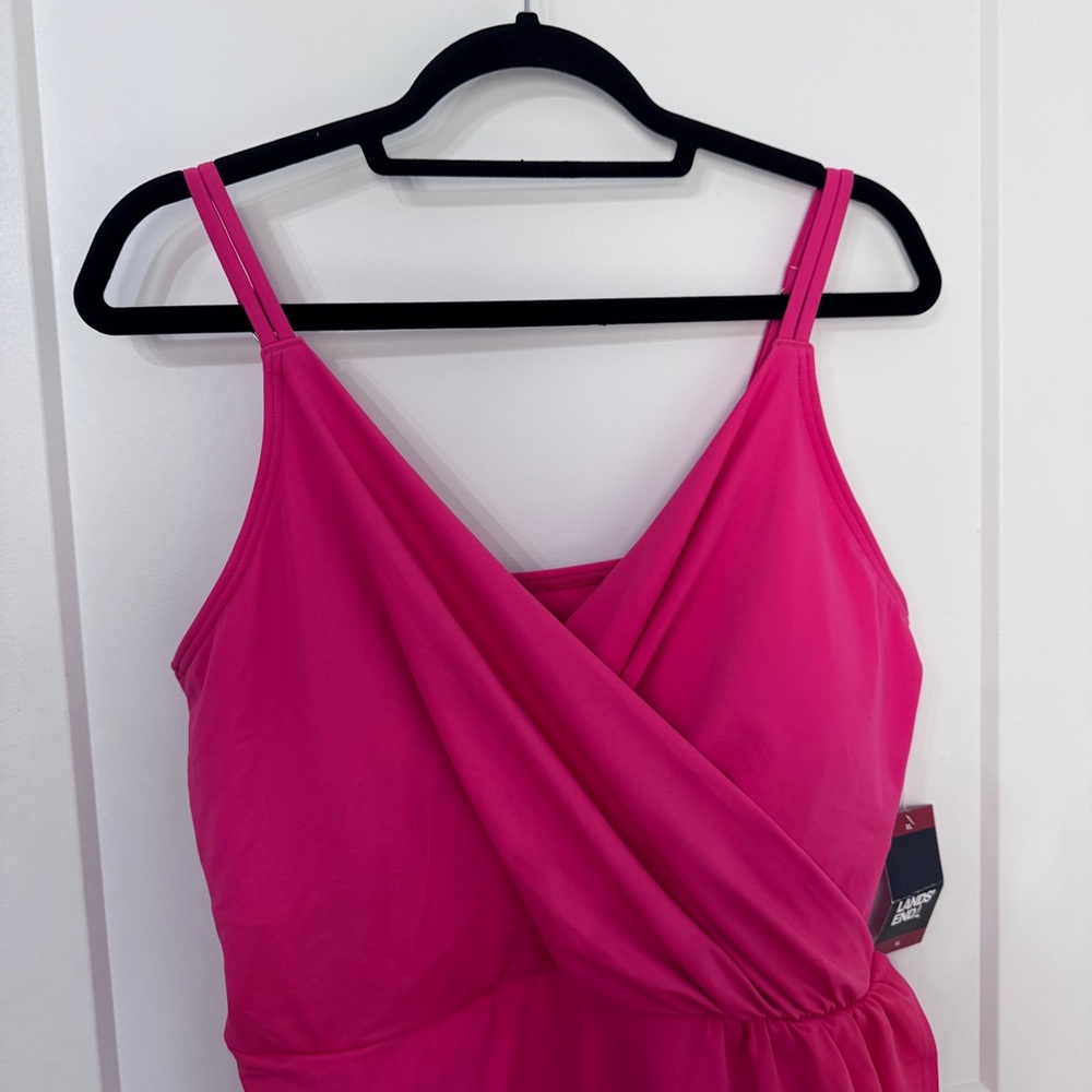 Lands' End Surplice Wrap One-Piece Swim Dress XL 18 NWT Pink Swimsuit V Neck - Picture 3 of 10